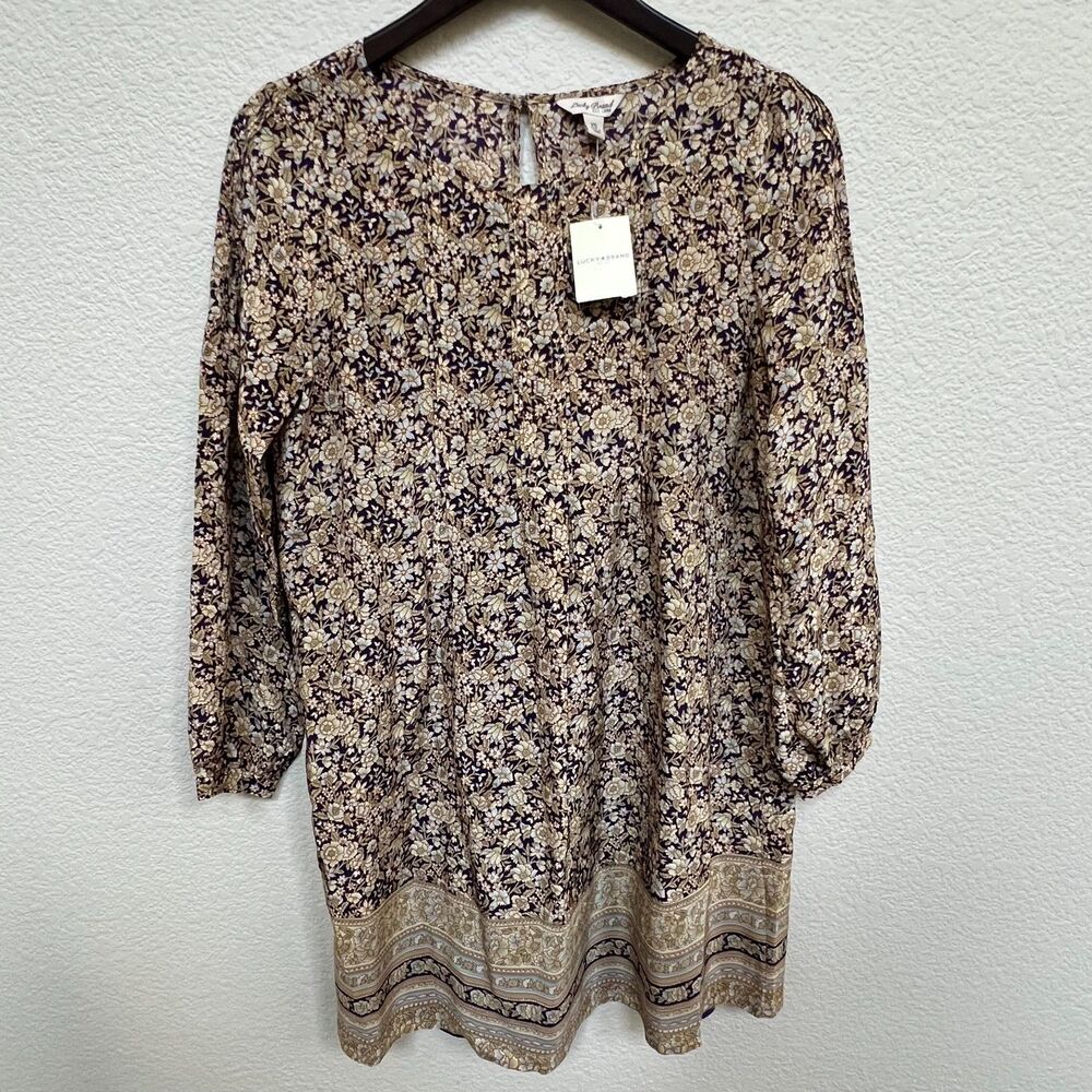 Lucky Brand Floral Boho Border Hem 100% Silk Shift Dress Size X-Small NWT Purple